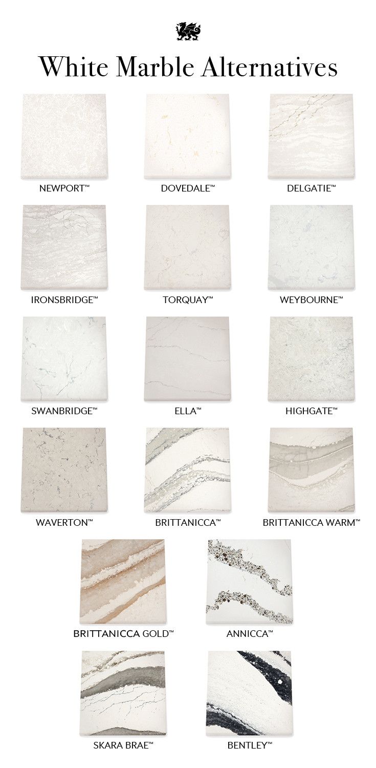 A sampling of Cambria’s beautiful quartz alternatives to white marble.