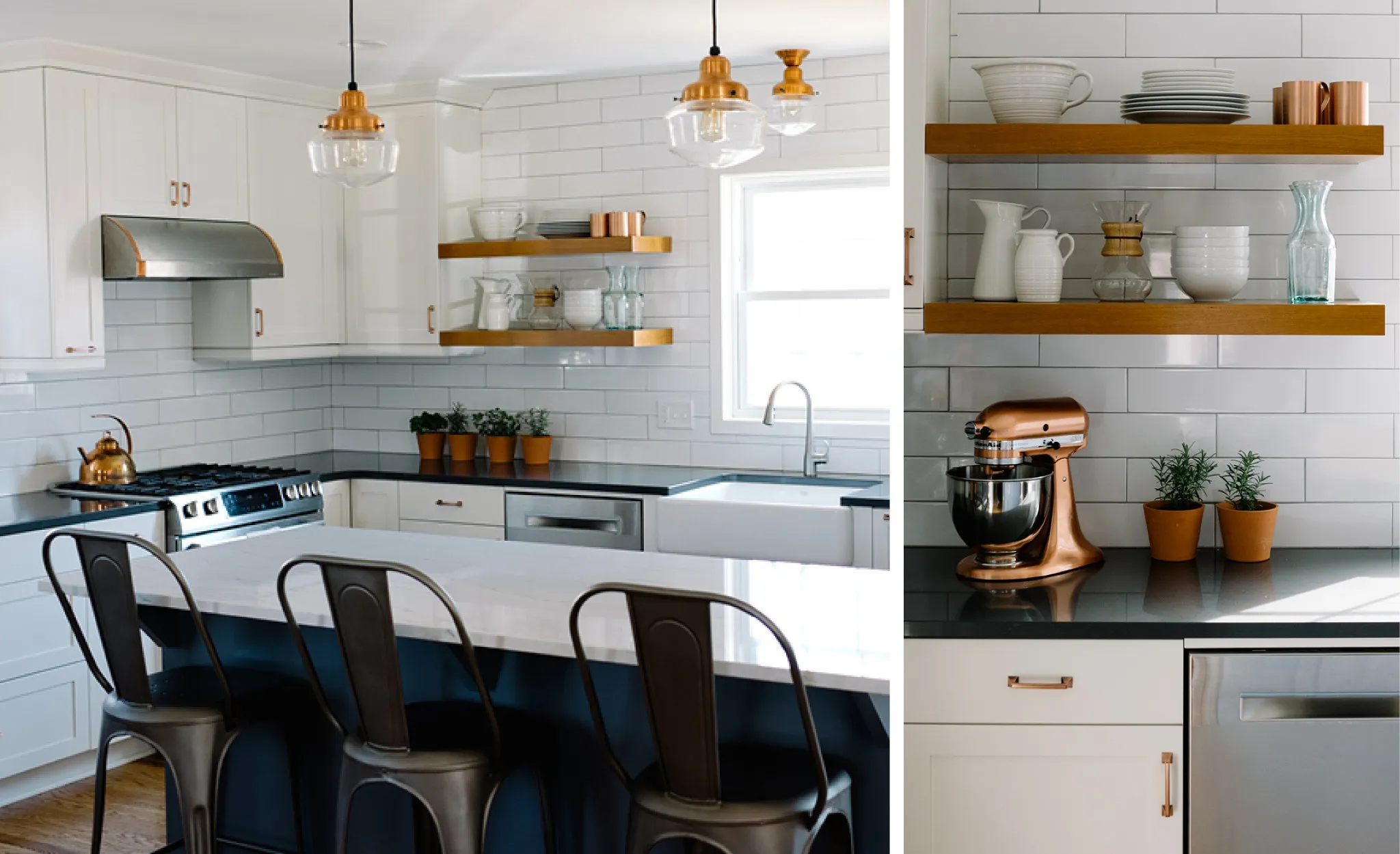 a modern farmhouse kitchen with subway tile backsplash, open wooden shelving, and white cabinets topped with Cambria Fieldstone perimeter and a center island with blue cabinets and topped with Cambria Ella