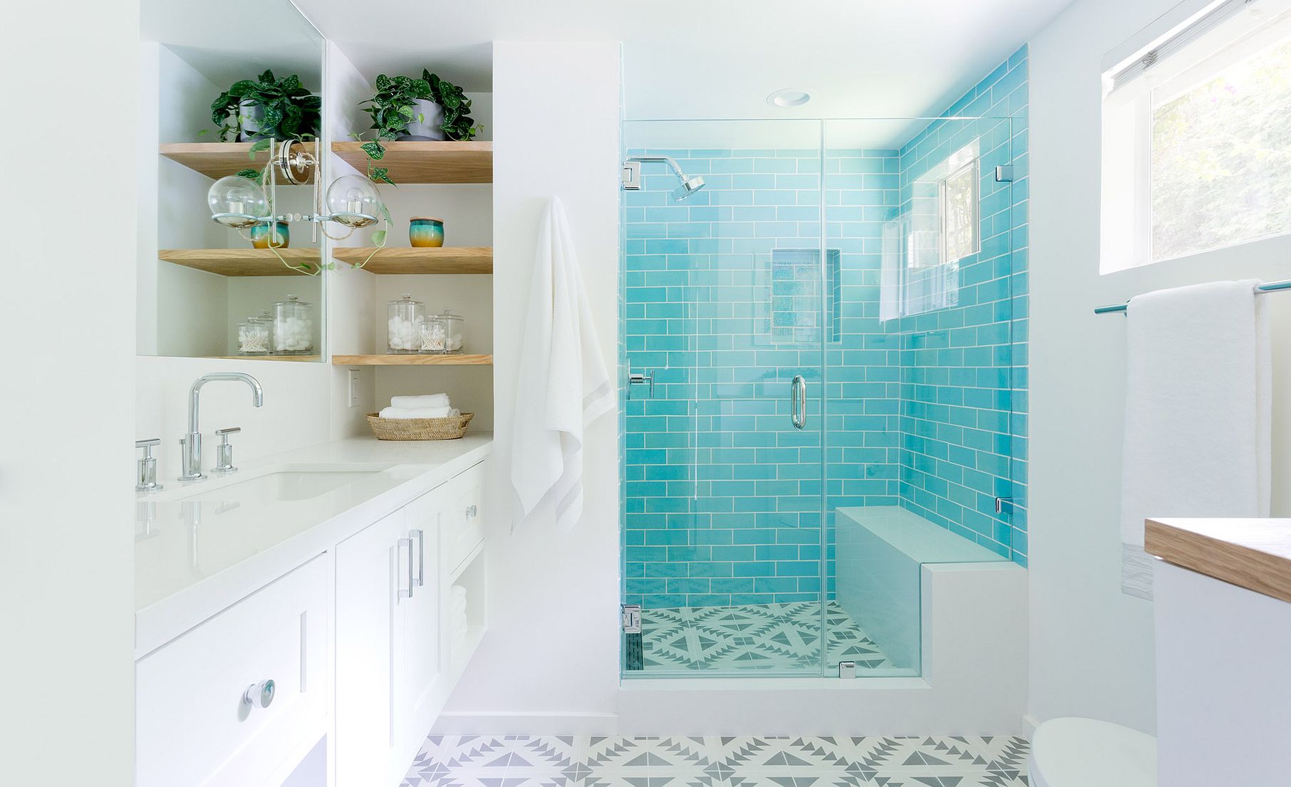 Custom Cambria Whitehall vanity and shower bench.