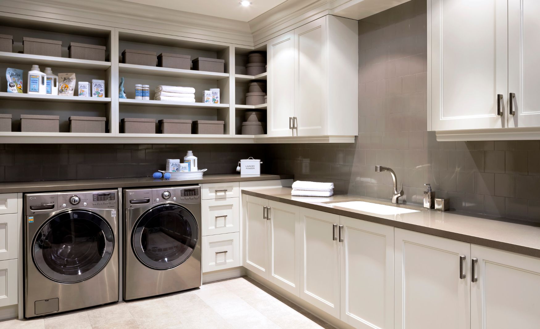 Cambria Devon countertops in a sleek and stylish laundry room.