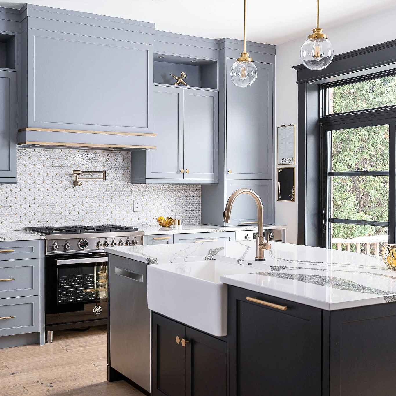Cambria Anicca paired with white chevron tile backsplash.