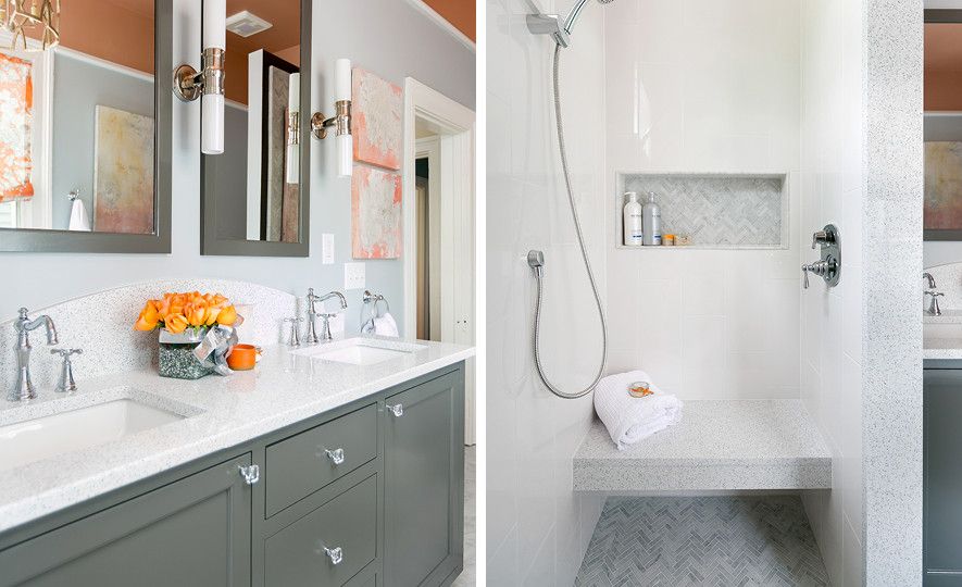 Master bath vanity and shower bench featuring Cambria Whitney.