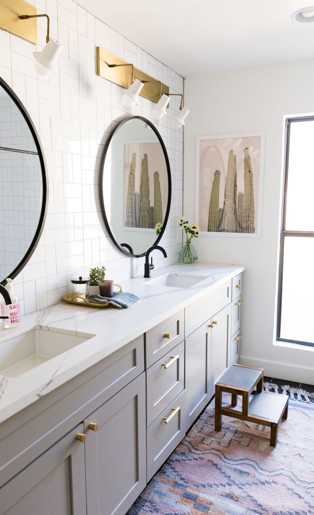 Greige double vanity with Cambria Brittanicca Matte countertops.