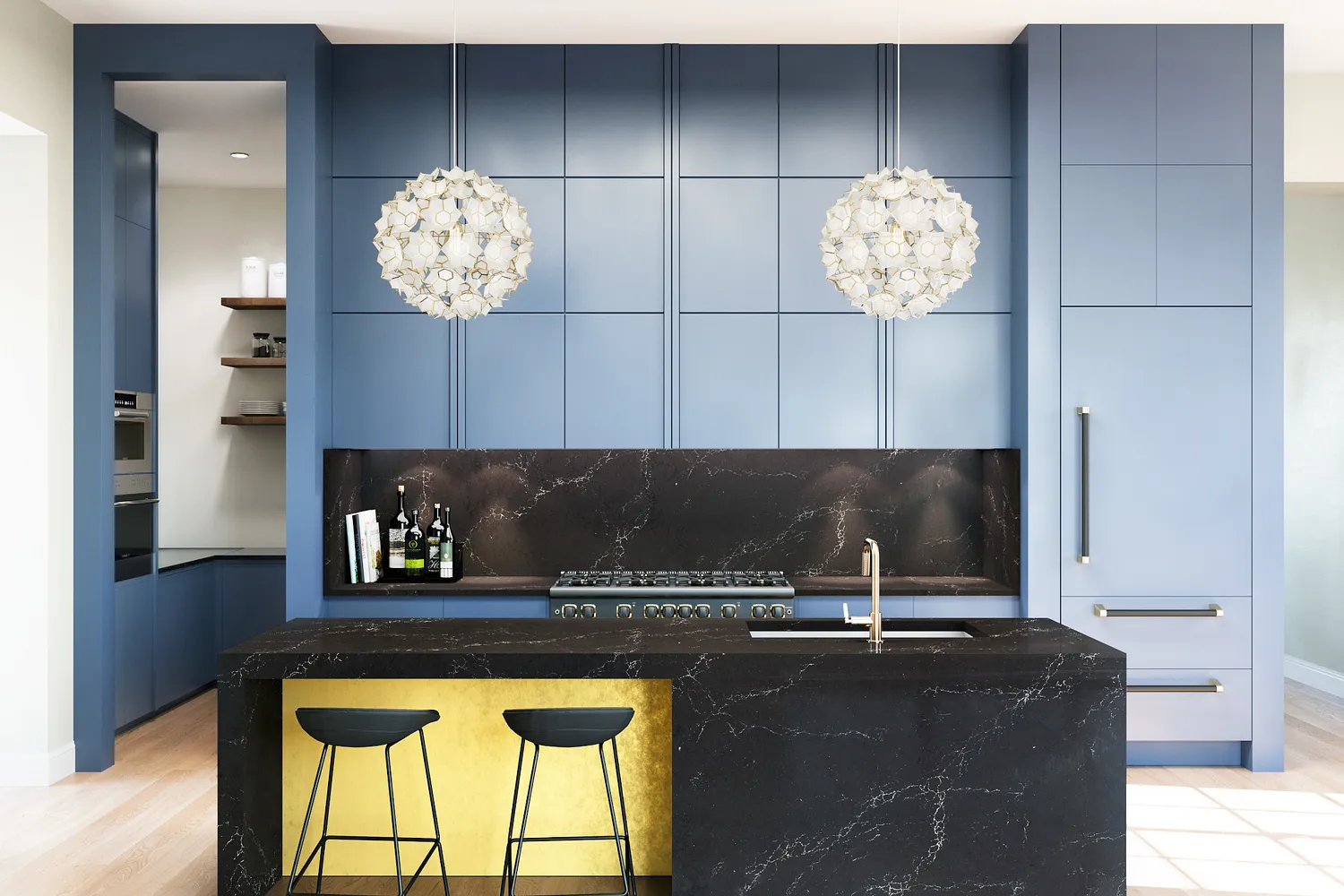 a dramatic kitchen featuring a double waterfall kitchen island topped with Cambria Quartz Charelstown countertop with matching Charelstown backsplash, sleek blue cabinets, and gold accents.