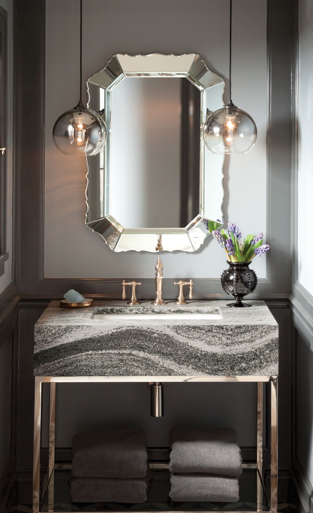 Add Cambria Roxwell to a Restoration Hardware vanity for a glam look.
