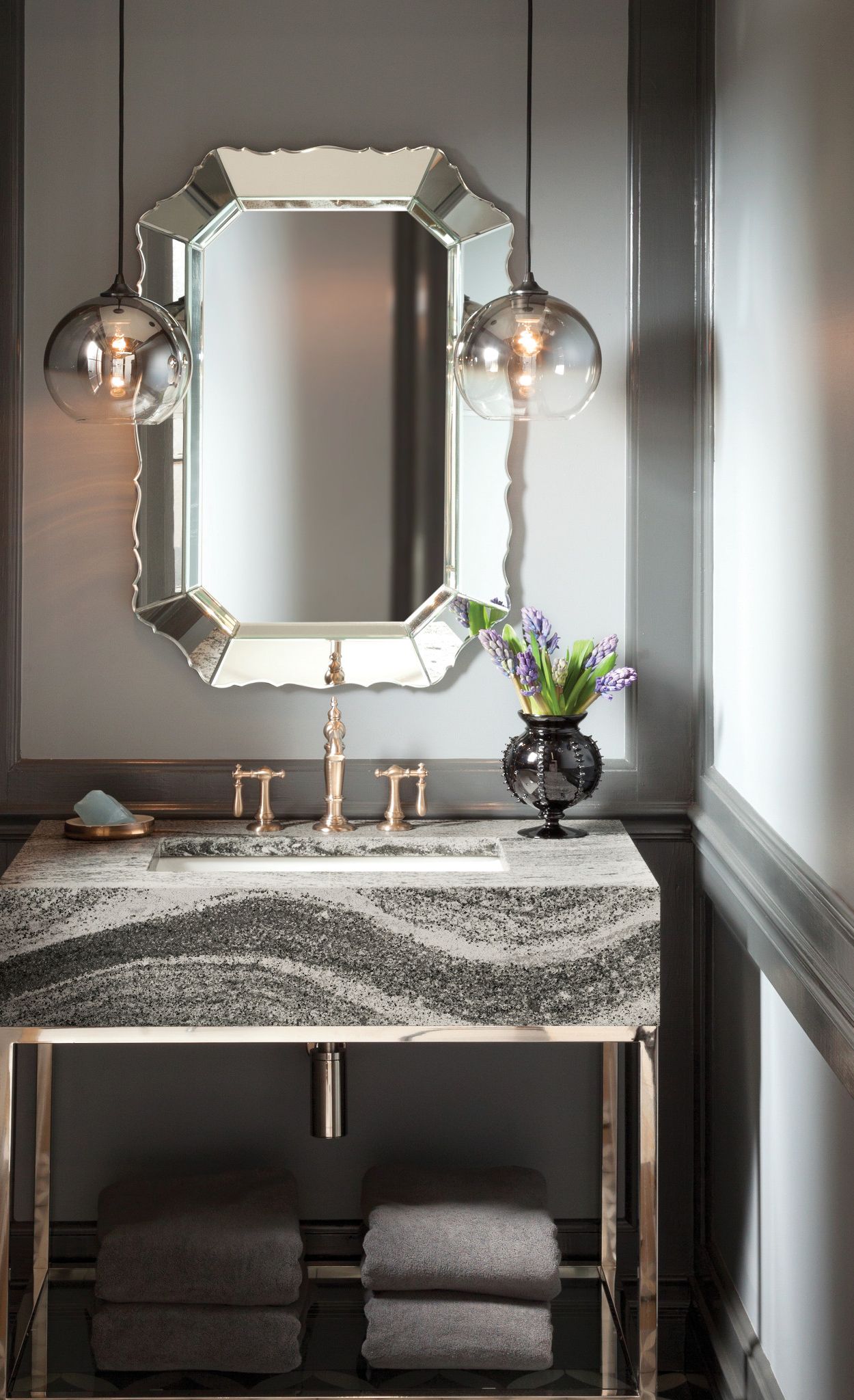 Add Cambria Roxwell to a Restoration Hardware vanity for a glam look.