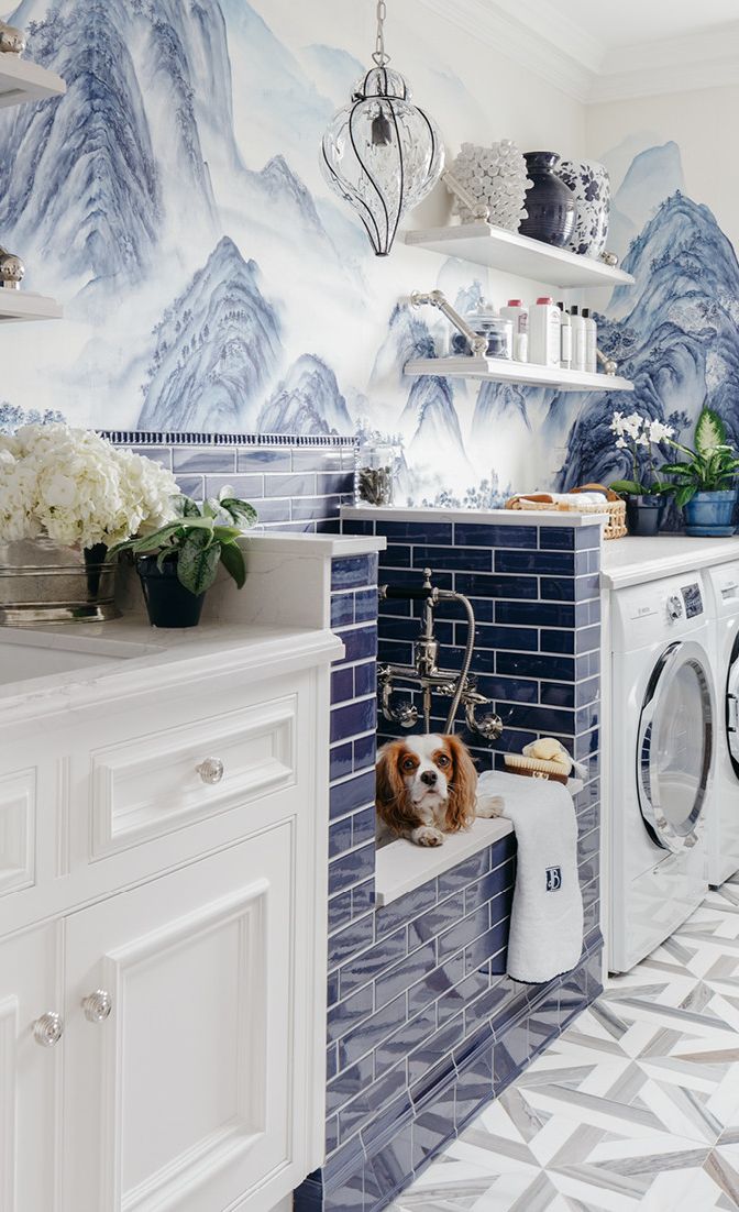 Glam laundry room with dog wash featuring Ella countertops.