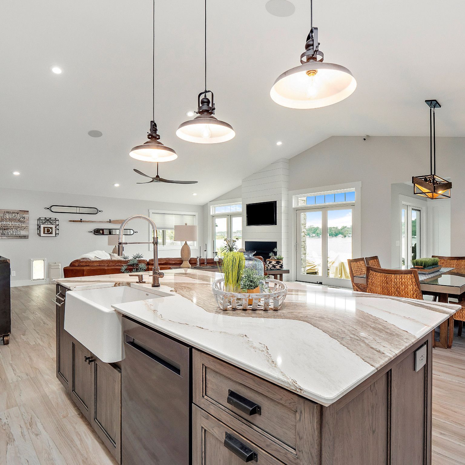 Cambria Skara island countertops with view into the living room.