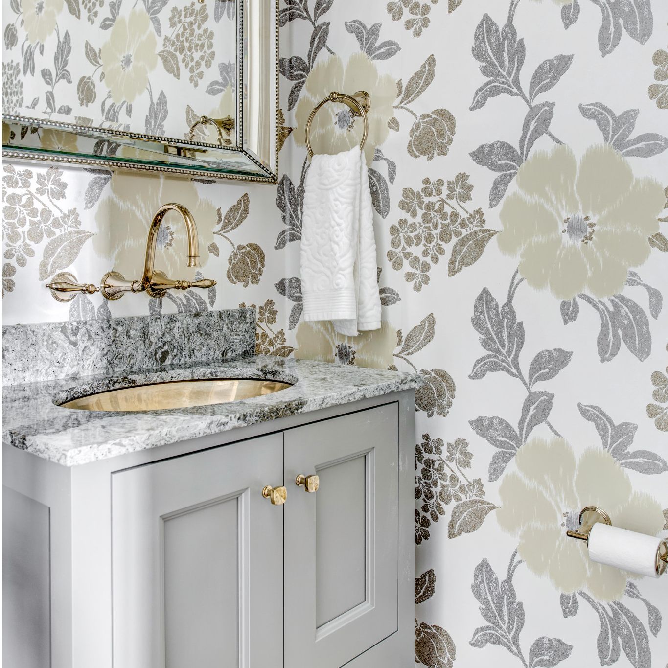 Don't be afraid to add a patterned wallpaper to Cambria Galloway for a unique look.