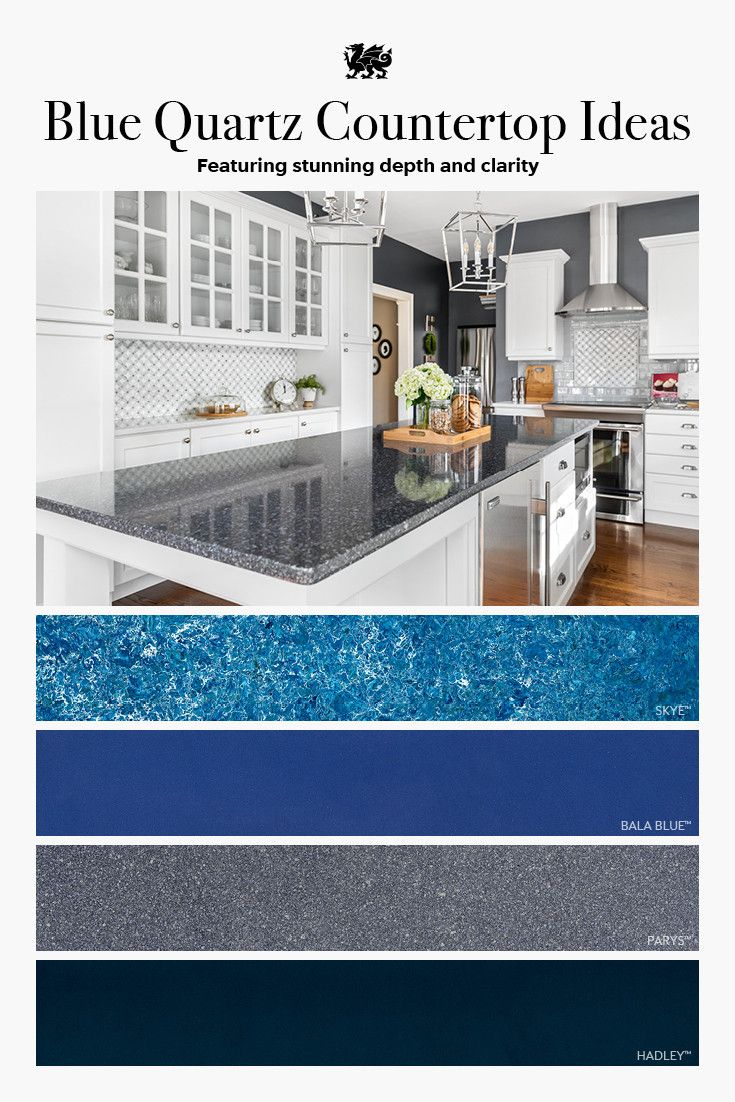 Cambria blue quartz countertop designs, including Mediterranean blue Skye, cobalt Bala Blue, blue-gray Parys, and navy Hadley.