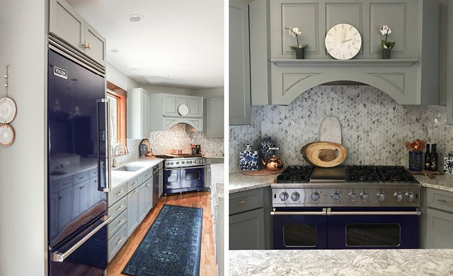 Gray kitchen featuring blue appliances and CambriaBerwyn Matte countertops.