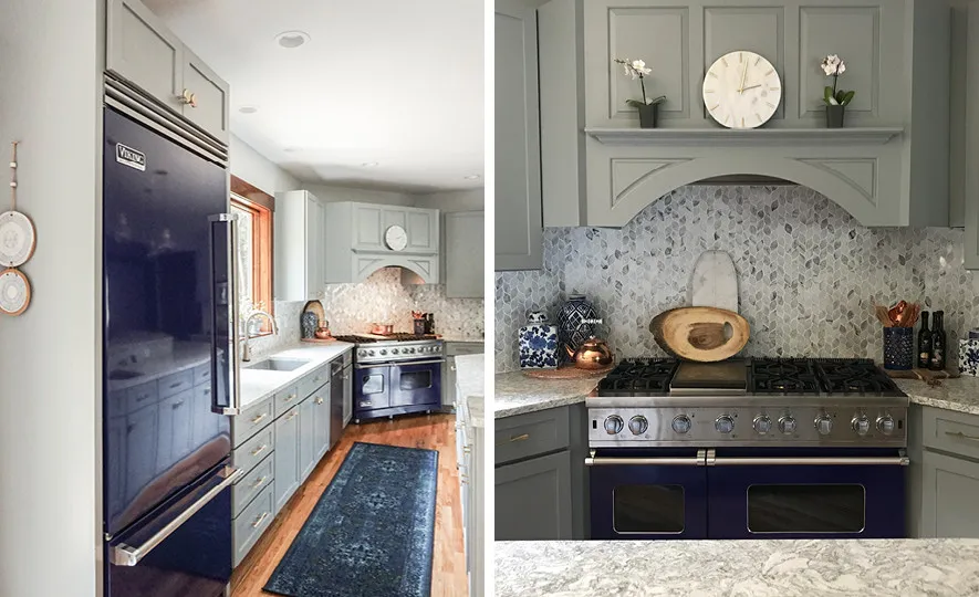 White and Blue Kitchen with Viking Range - Transitional - Kitchen