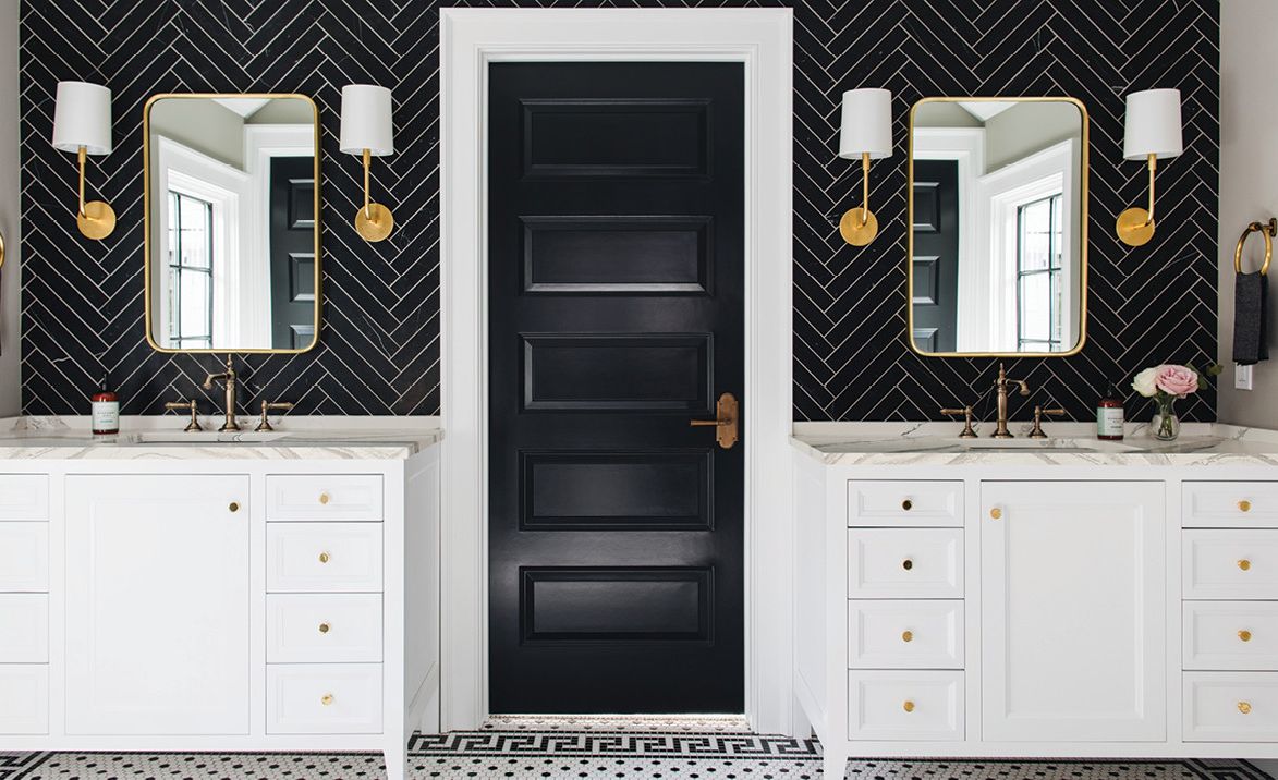 Cambria Brittanicca Matte paired with white vanities.