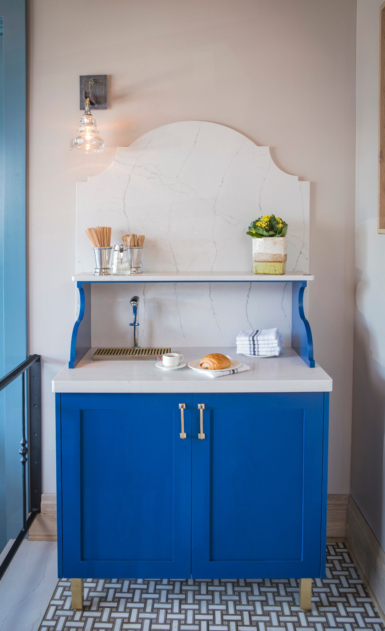 A charming custom beverage station with Cambria Ella Matte.
