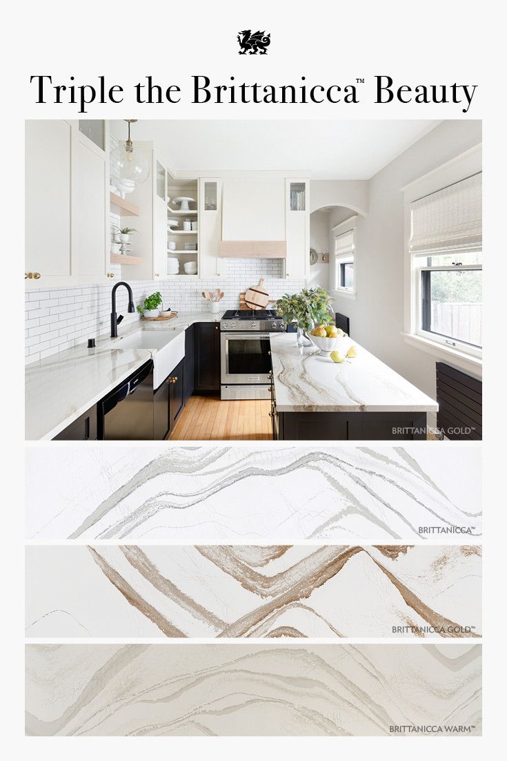 Pin featuring Cambria Brittanicca Gold kitchen and all three Cambria Brittanicca design slab views.