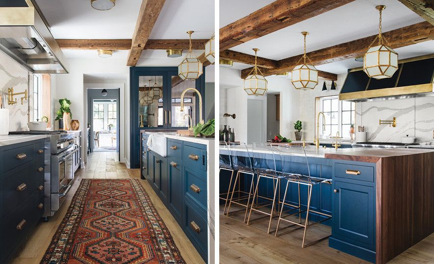 Blue and white kitchen featuring Cambria Brittanicca Matte.