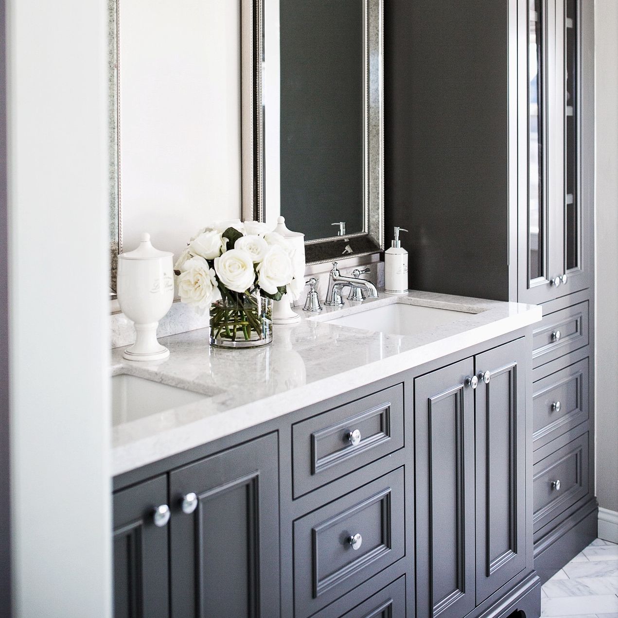 Cambria Highgate vanity paired with gray cabinets.