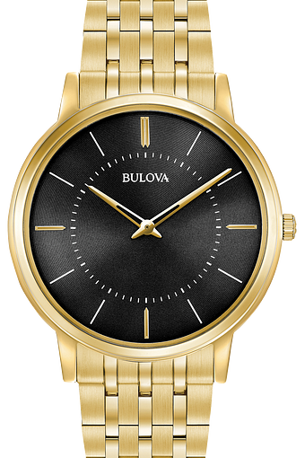 bulova mens watch black and gold