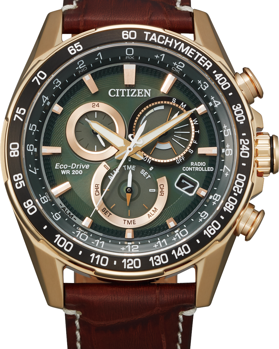 Citizen Perpetual Chrono AT Eco Drive Green Dial LTHR Band Mens Watch
