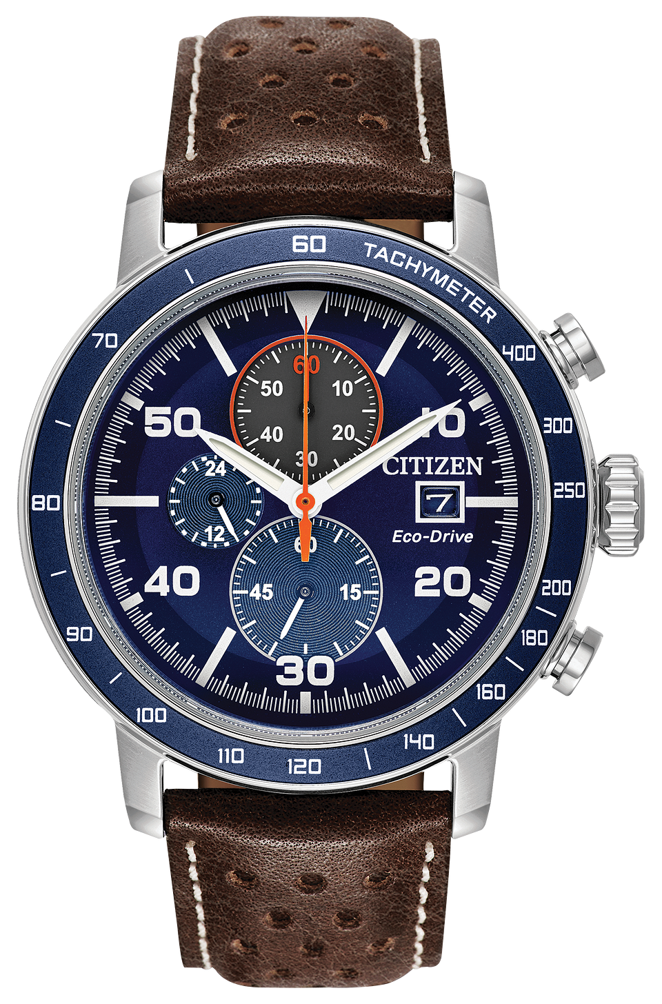 blue face brown leather watch