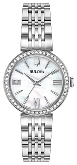 bulova stainless steel ladies watch and crystal halo pendant set