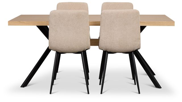 Lynden Light Tone Rect Table With 4 Beige Upholstered Side Chairs