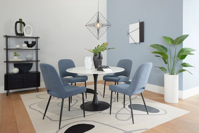 Brela White Marble Round Table & 4 Dark Blue Upholstered Chairs