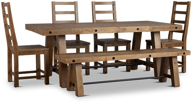 Maxton Mid Tone Rectangular Table With 4 Side Chairs & Bench