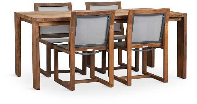 Linear Teak 70" Teak Table & 4 Teak Sling Side Chairs