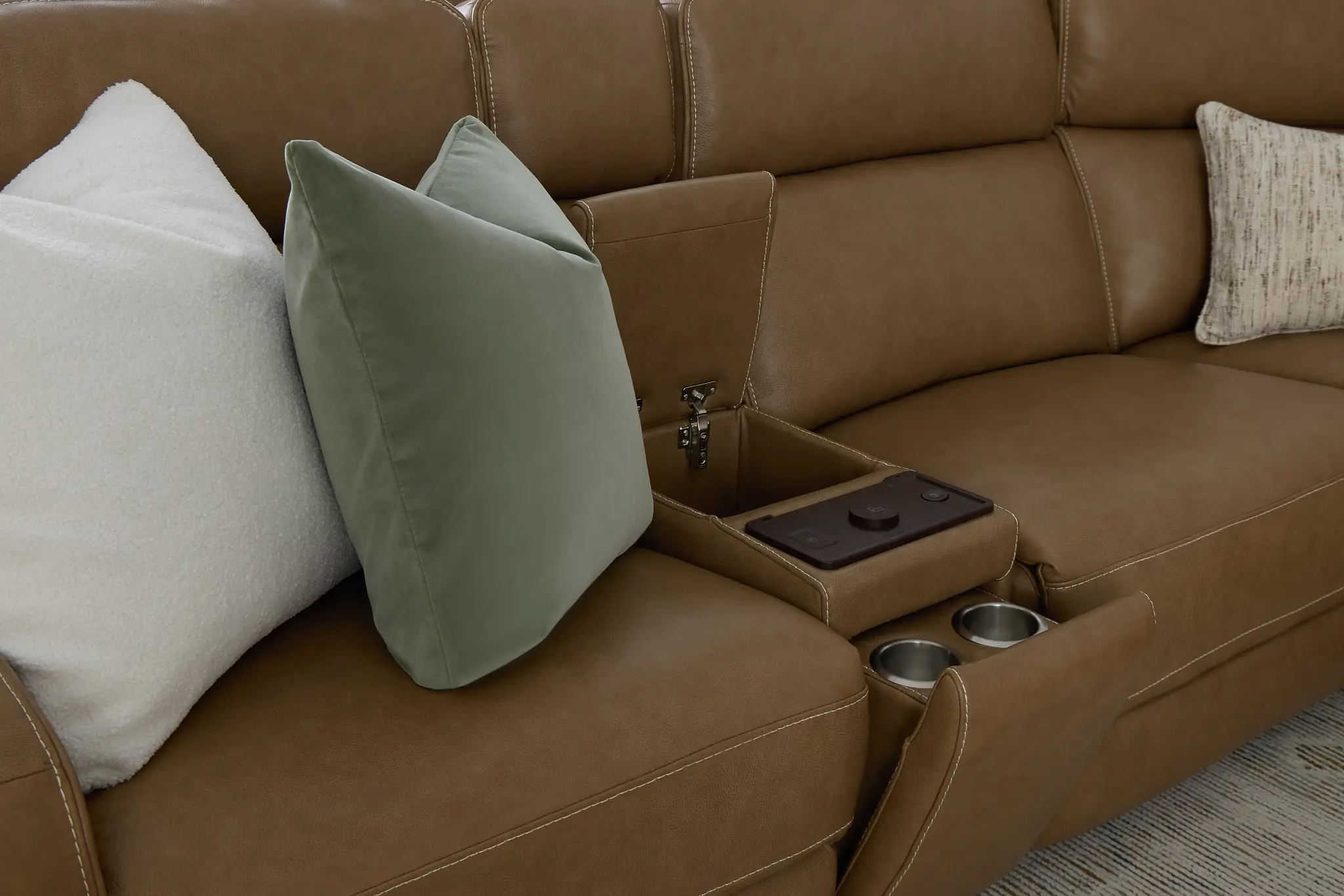 Jasper Light Brown Leather Medium Dual Power 2-arm Reclining Sectional Jasper Light Brown Leather Medium Dual Power 2-arm Reclining Sectional