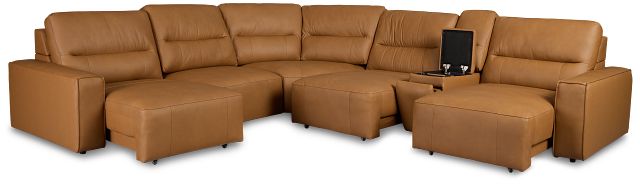Rudy Brown Lthr/vinyl Medium Tri Power 2 Arm Extension Chaise Sectional