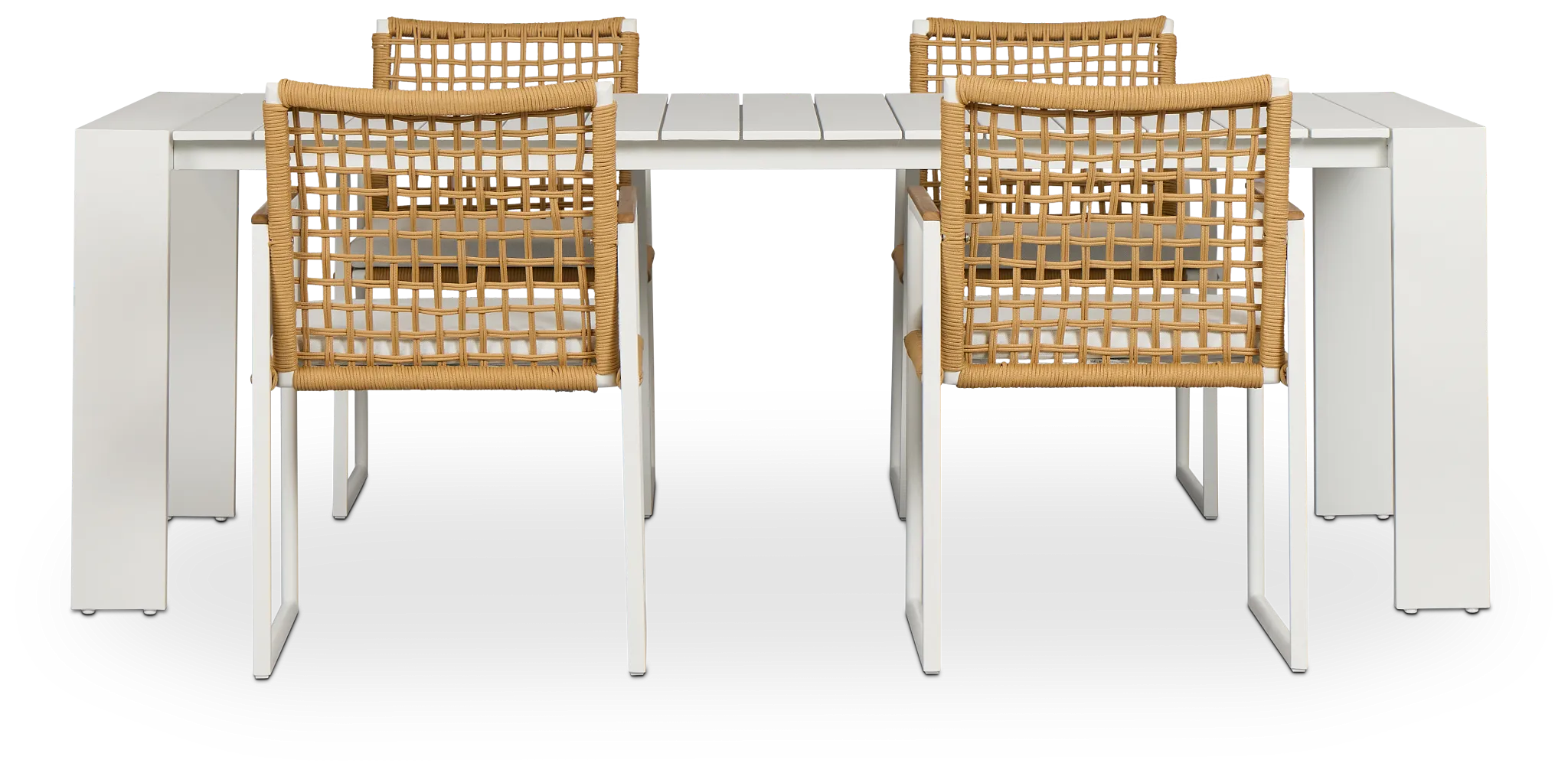 Sunrise White 86" Rectangular Table & 4 Teak Arm Chairs
