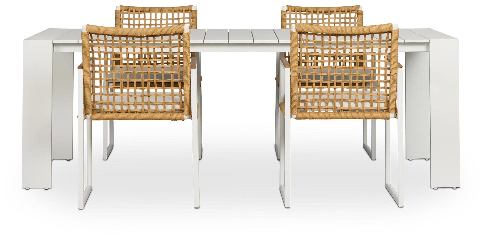 Sunrise White 86" Rectangular Table & 4 Teak Arm Chairs Sunrise White 86" Rectangular Table & 4 Teak Arm Chairs