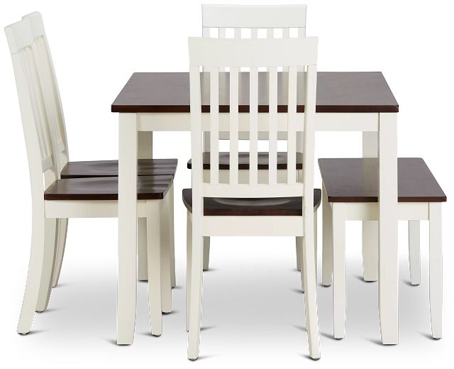 Santos White Two-tone Table, 4 Chairs & Bench (2)