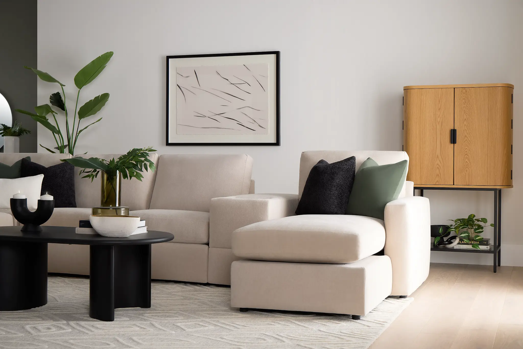 Citymod Beige Fabric Large Right Chaise Sectional With Storage Console Citymod Beige Fabric Large Right Chaise Sectional With Storage Console