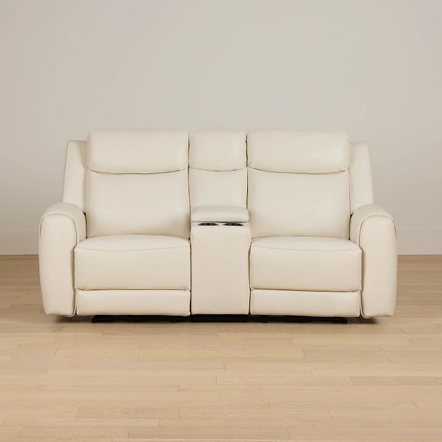 Walker Ivory Lthr/vinyl Power Reclining Console Loveseat W/ Power Headrest