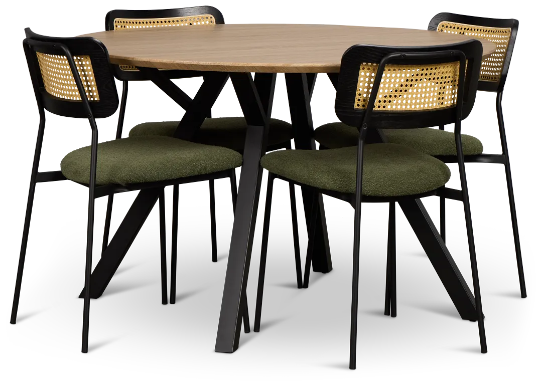 Lynden Light Tone Round Table & 4 Green Woven Upholstered Side Chairs
