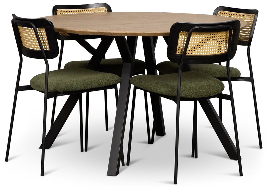 Lynden Light Tone Round Table & 4 Green Woven Upholstered Side Chairs Lynden Light Tone Round Table & 4 Green Woven Upholstered Side Chairs