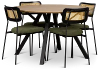 Lynden Light Tone Round Table & 4 Green Woven Upholstered Side Chairs
