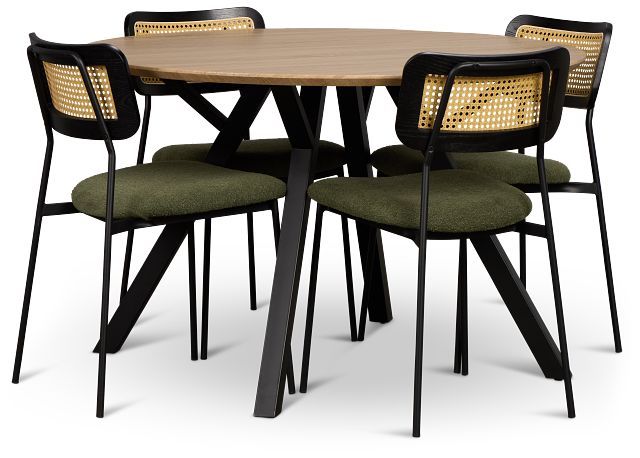 Lynden Light Tone Round Table & 4 Green Woven Upholstered Side Chairs
