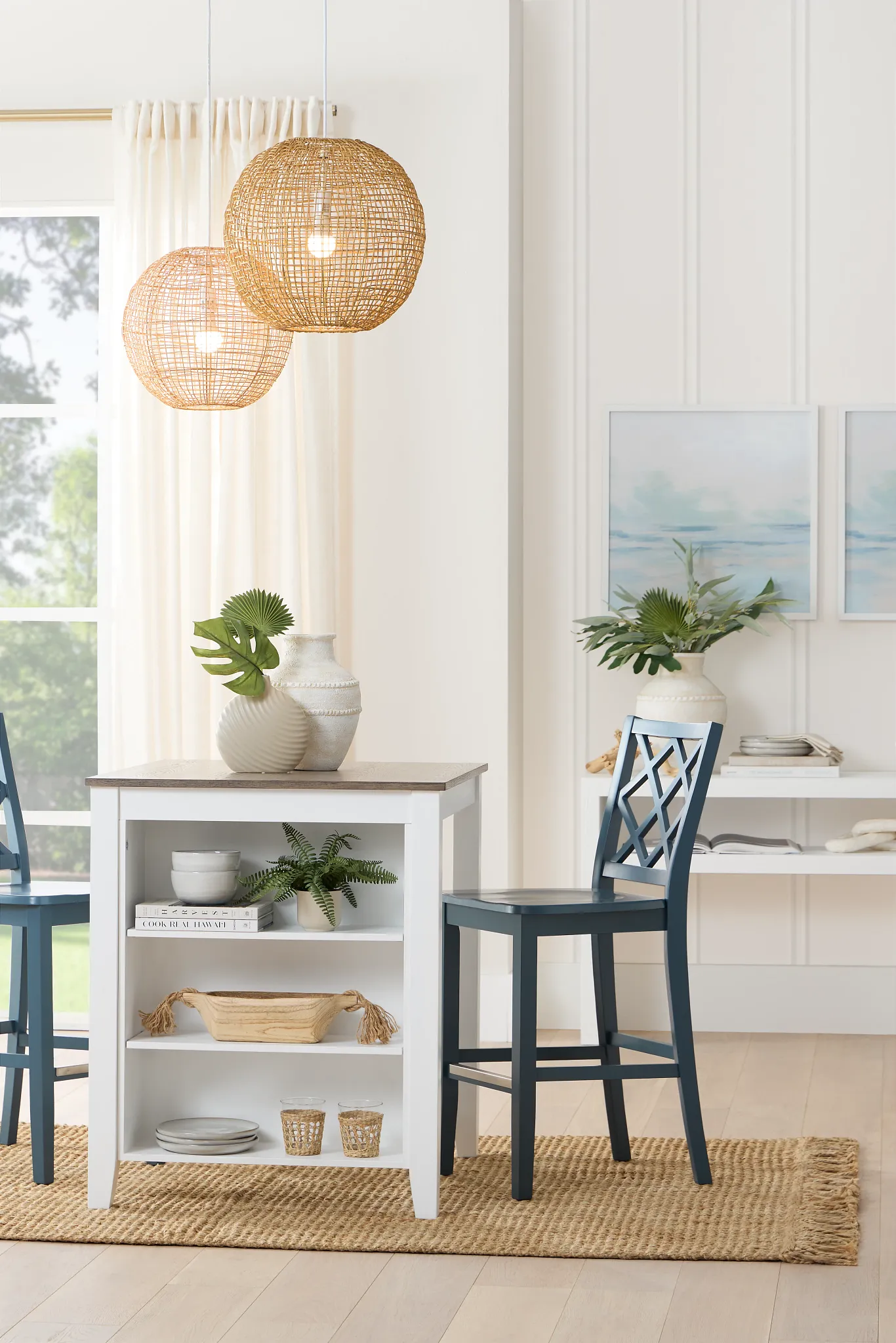 Edgartown Two-tone Storage High Table & 2 Navy Wood Barstools