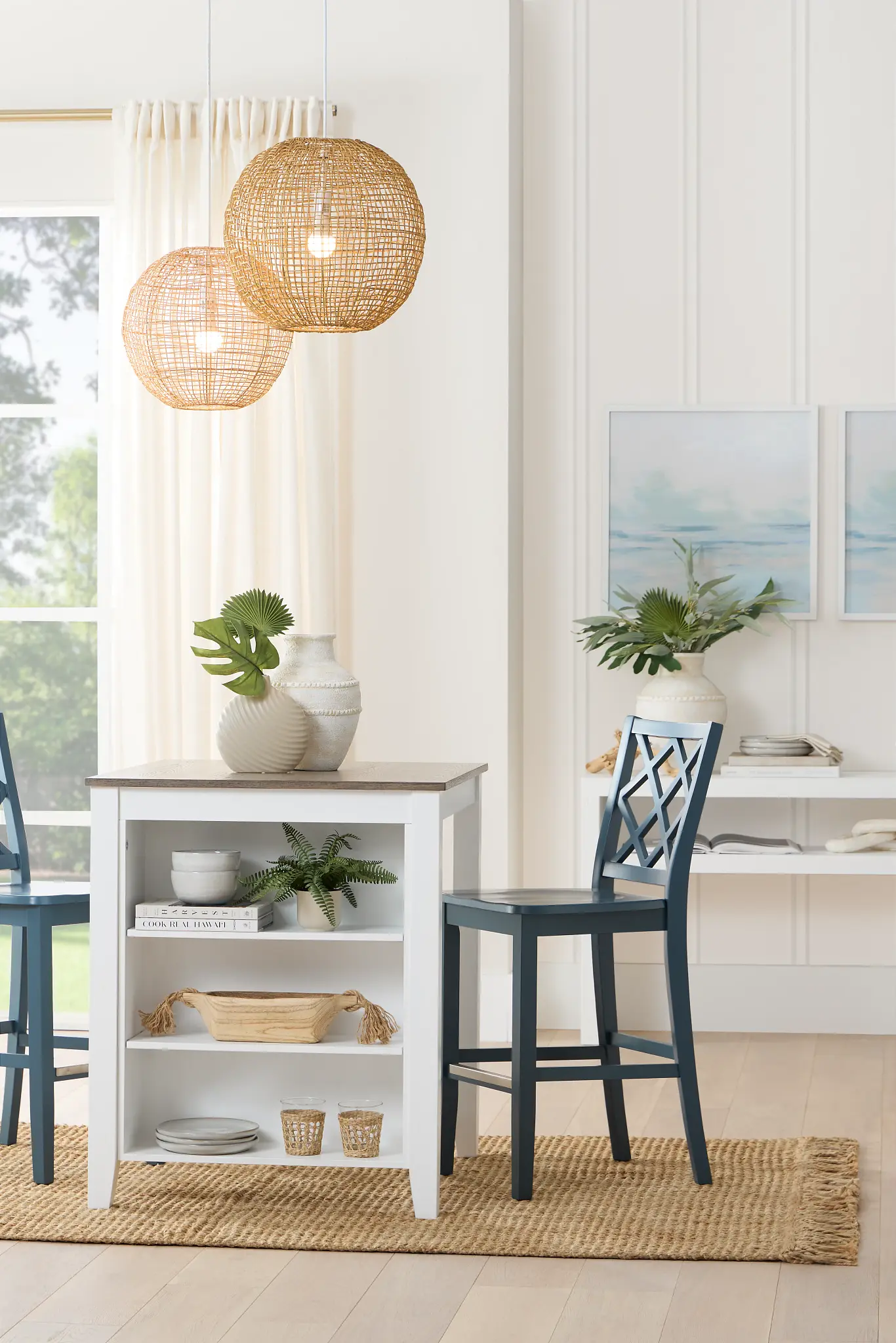 Edgartown Two-tone Storage High Table & 2 Navy Wood Barstools Edgartown Two-tone Storage High Table & 2 Navy Wood Barstools