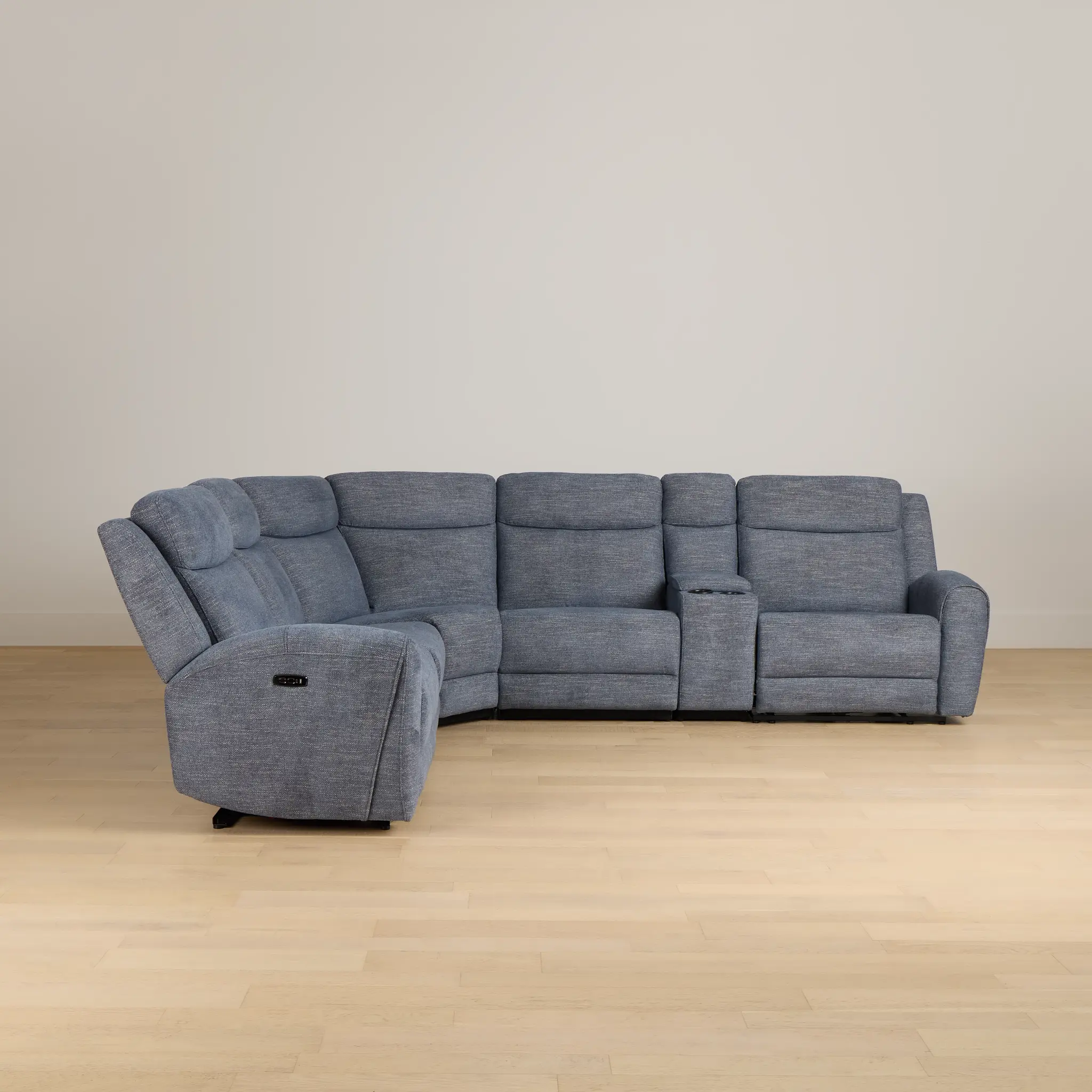 Walker Blue Fabric Medium Dual Power 2-arm Reclining Sectional Walker Blue Fabric Medium Dual Power 2-arm Reclining Sectional