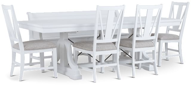 Heron Cove White Trestle Table, 4 Chairs & Bench