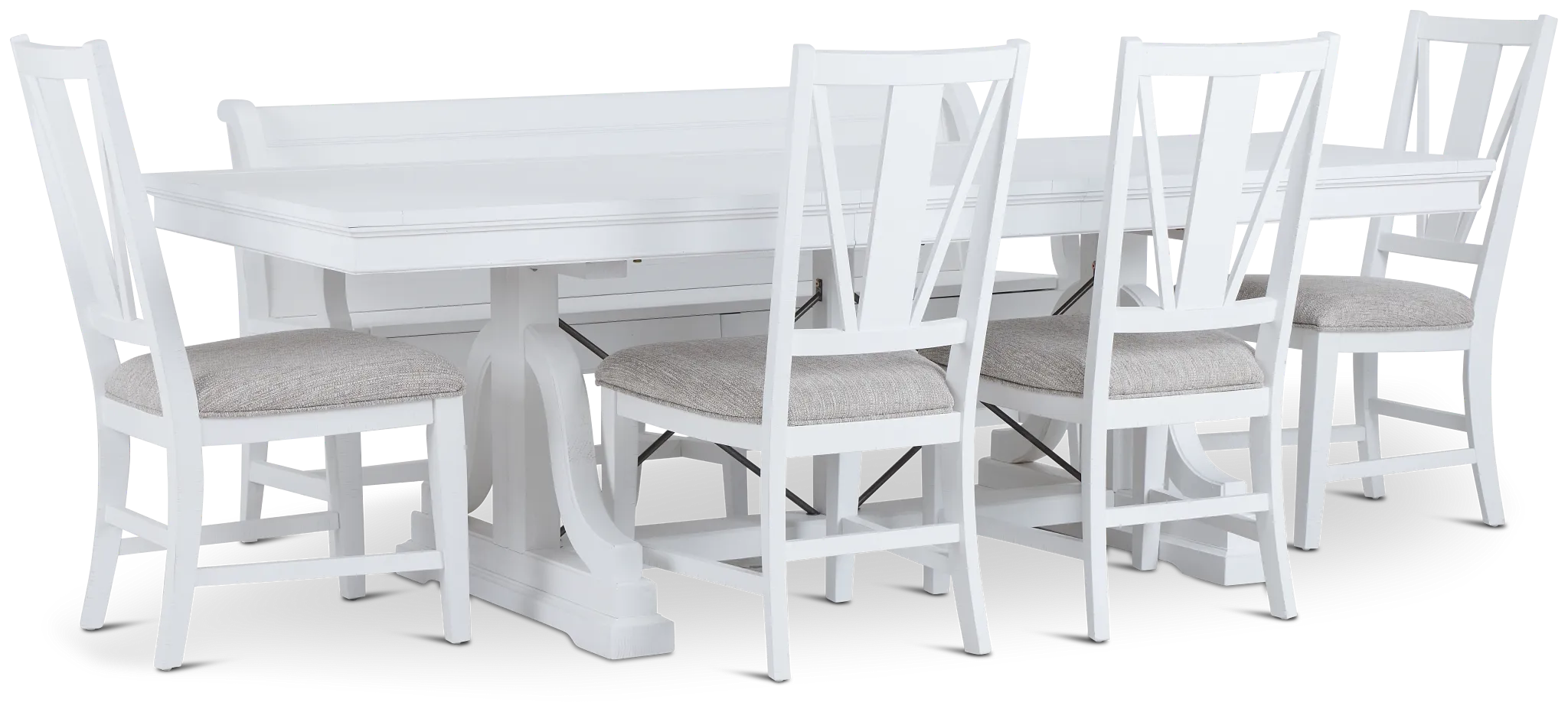 Heron Cove White Trestle Table, 4 Chairs & Bench