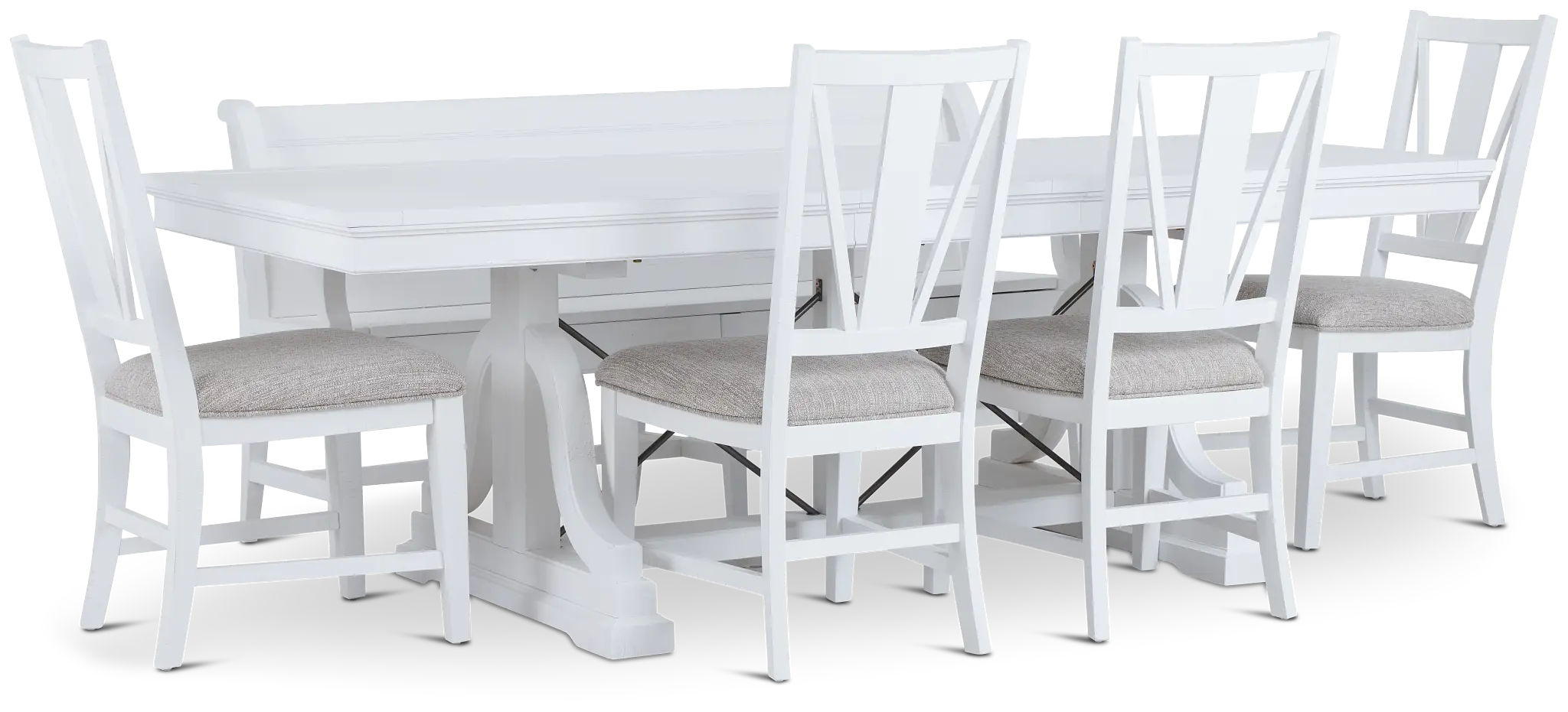 Heron Cove White Trestle Table, 4 Chairs & Bench Heron Cove White Trestle Table, 4 Chairs & Bench