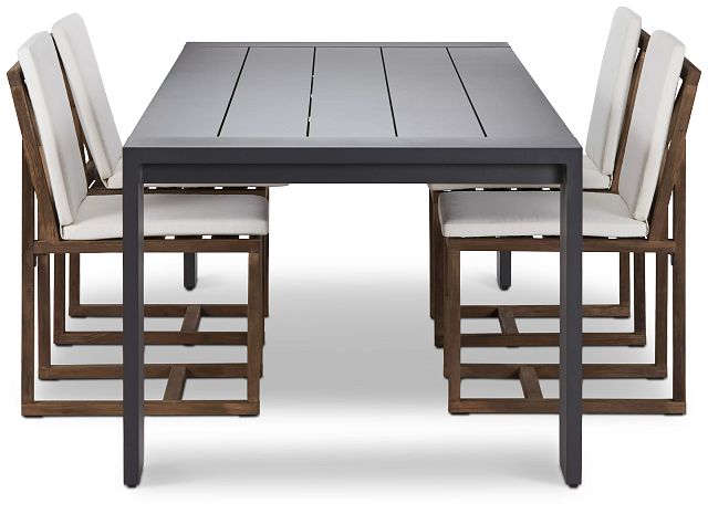 Linear Dark Gray White 110" Aluminum Table & 4 Teak Cushioned Side Chairs (1)