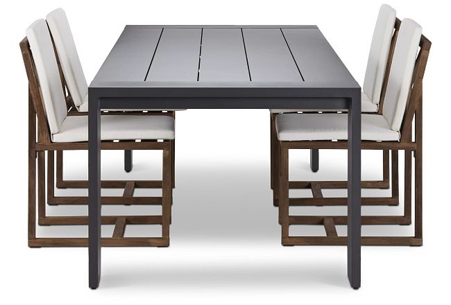 Linear Dark Gray White 110" Aluminum Table & 4 Teak Cushioned Side Chairs