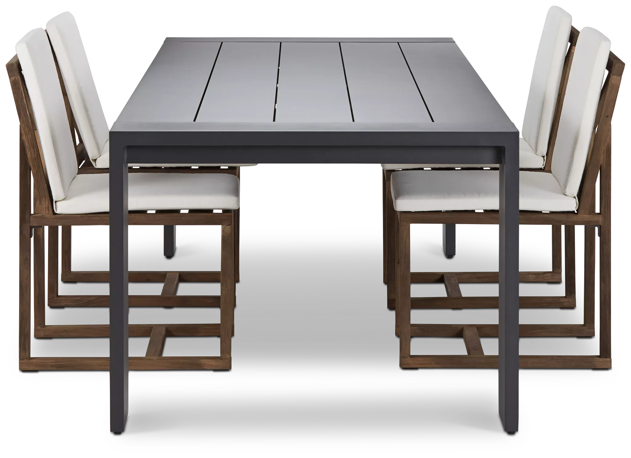 Linear Dark Gray White 110" Aluminum Table & 4 Teak Cushioned Side Chairs