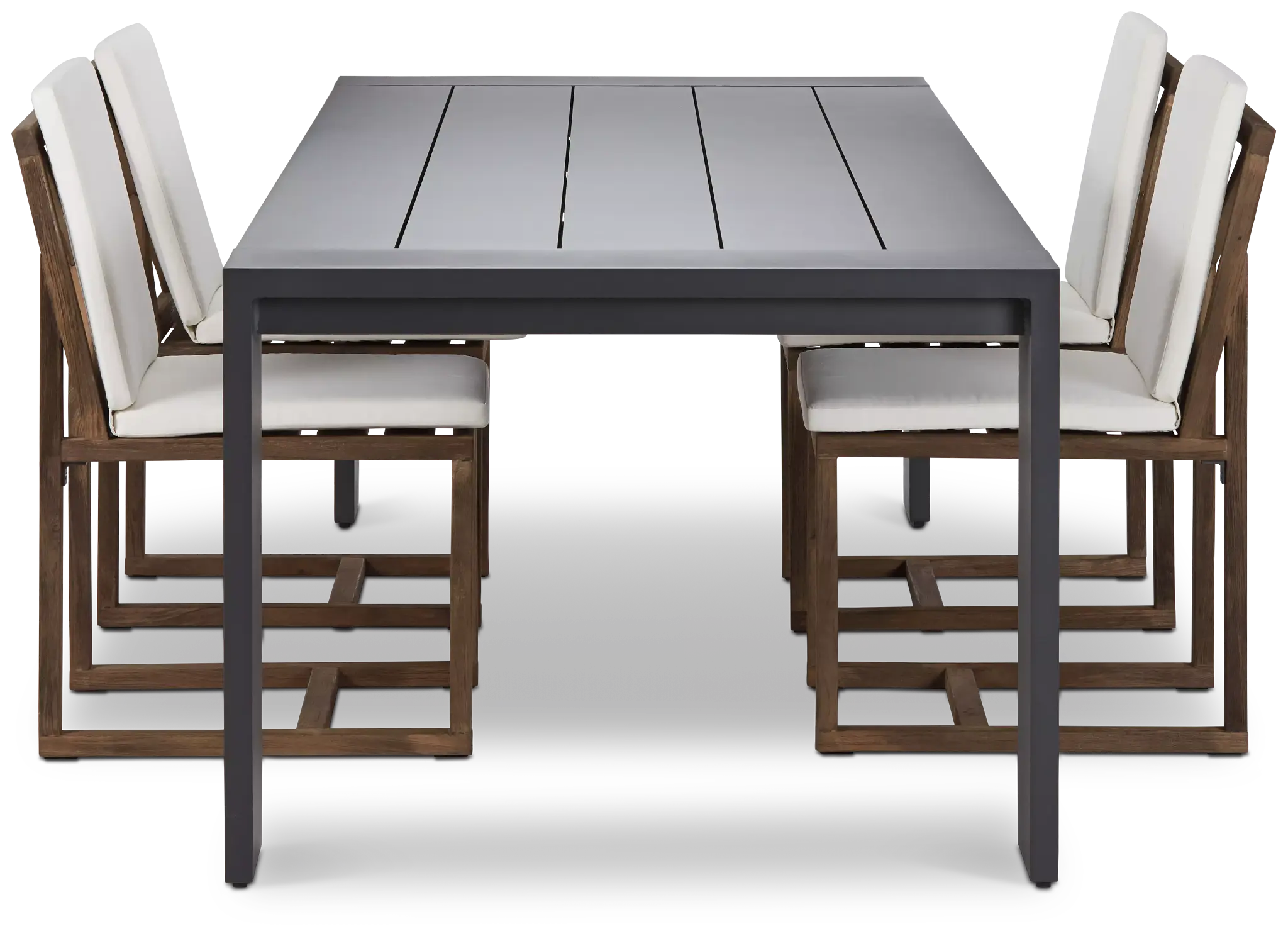 Linear Dark Gray White 110" Aluminum Table & 4 Teak Cushioned Side Chairs Linear Dark Gray White 110" Aluminum Table & 4 Teak Cushioned Side Chairs